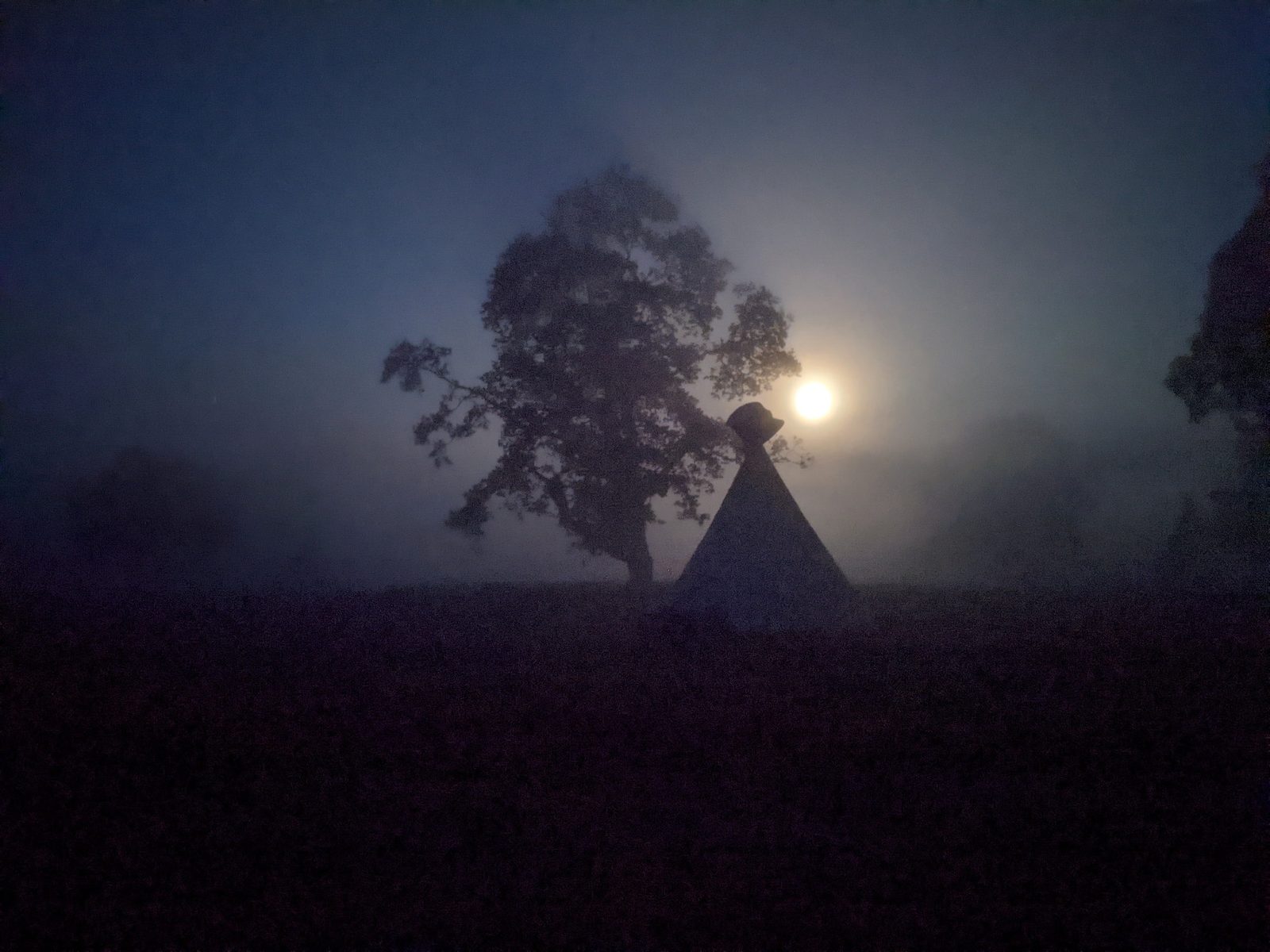 A tent silhouetted beneath a tree and full moon in drifting mist